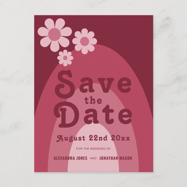 Modern Retro 70s Burgundy Wedding Invitation Postcard (Front)