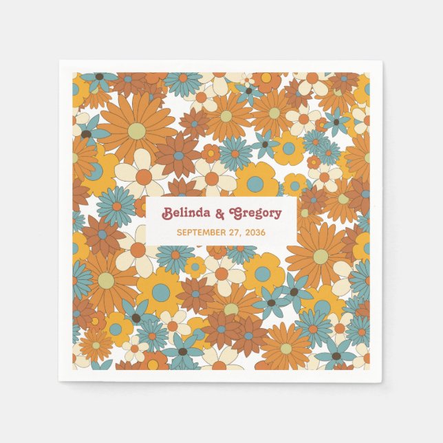 Modern Retro 70's Colourful Flowers Hippie Wedding Napkin (Front)