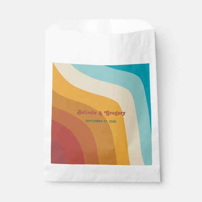 Modern Retro 70's Colourful Rainbow Waves Wedding  Favour Bags (Front)