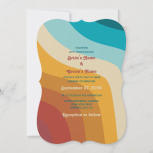 Modern Retro 70's Colourful Rainbow Waves Wedding Invitation