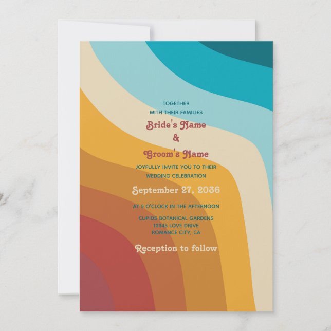 Modern Retro 70's Colourful Rainbow Waves Wedding Invitation (Front)
