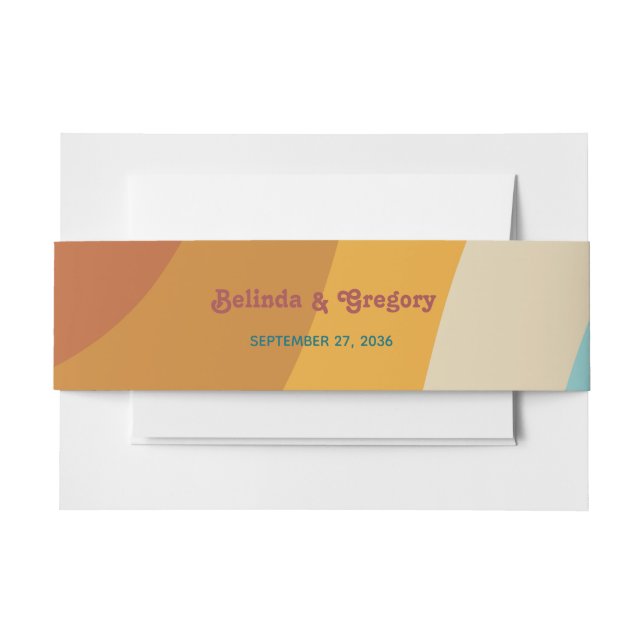 Modern Retro 70's Colourful Rainbow Waves Wedding  Invitation Belly Band (Front Example)