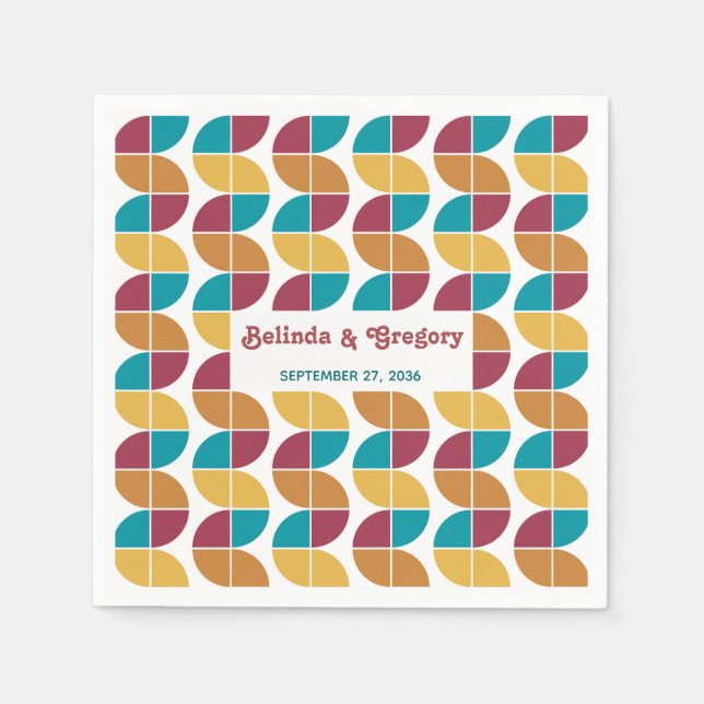 Modern Retro 70's Colourful Rainbow Waves Wedding  Napkin (Front)