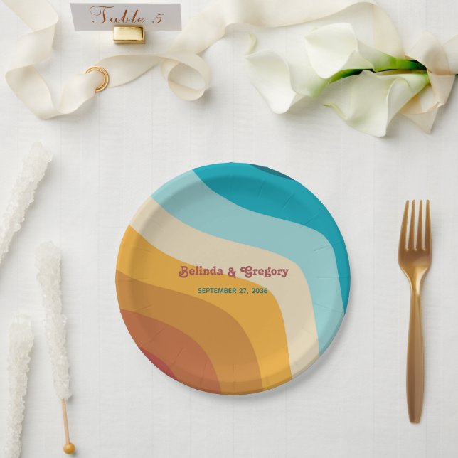 Modern Retro 70's Colourful Rainbow Waves Wedding  Paper Plate (Wedding)