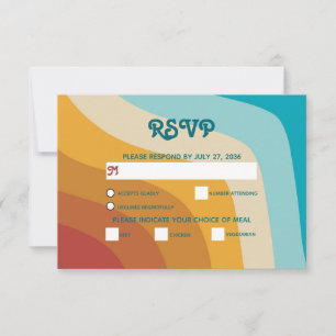 Modern Retro 70's Colourful Rainbow Waves Wedding RSVP Card