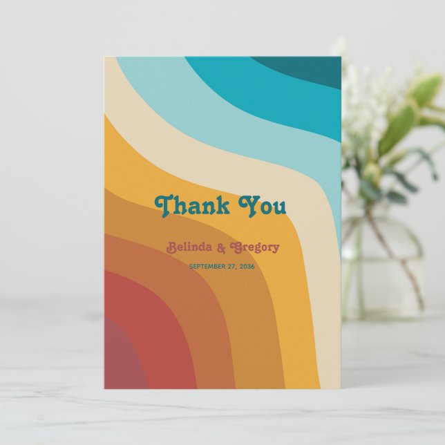 Modern Retro 70's Colourful Rainbow Waves Wedding  Thank You Card (Standing Front)