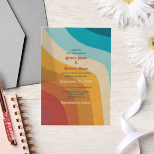 Modern Retro 70's Colourful Rainbow Waves Wedding Vellum Invitations