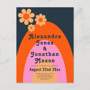 Modern Retro 70s Navy Blue Wedding Invitation Postcard