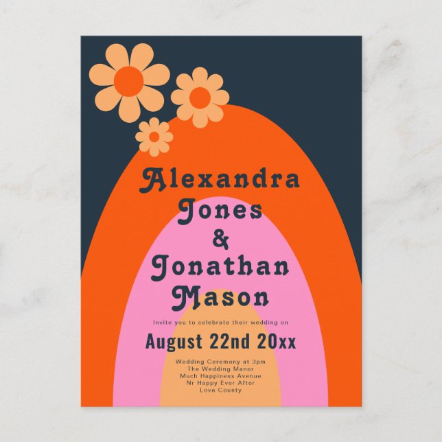 Modern Retro 70s Navy Blue Wedding Invitation Postcard (Front)