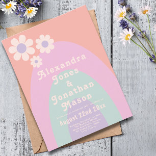 Modern Retro 70s Pastel Wedding Invitation Postcard