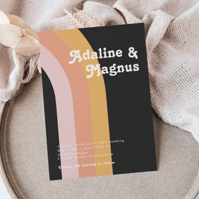 Modern Retro 70's Rainbow Dark Casual Wedding Invitation (Creator Uploaded)