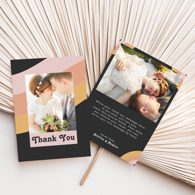 Modern Retro 70's Rainbow Dark Flat Photo Thank You Card (Creator Uploaded)