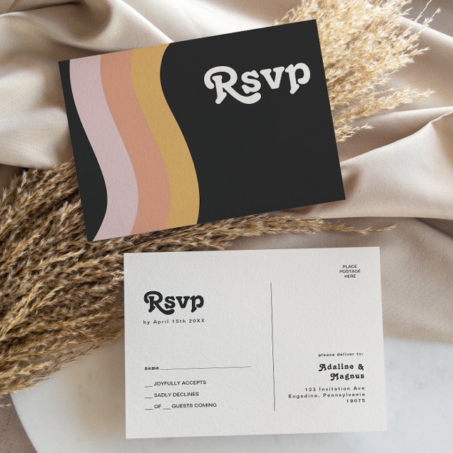 Modern Retro 70's Rainbow Dark Wedding RSVP Postcard (Creator Uploaded)