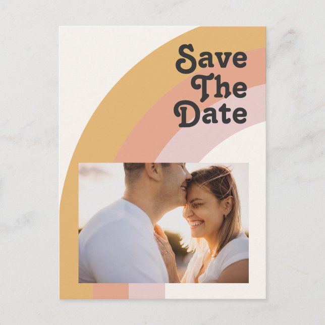 Modern Retro 70's Rainbow Photo Save The Date Invitation Postcard (Front)