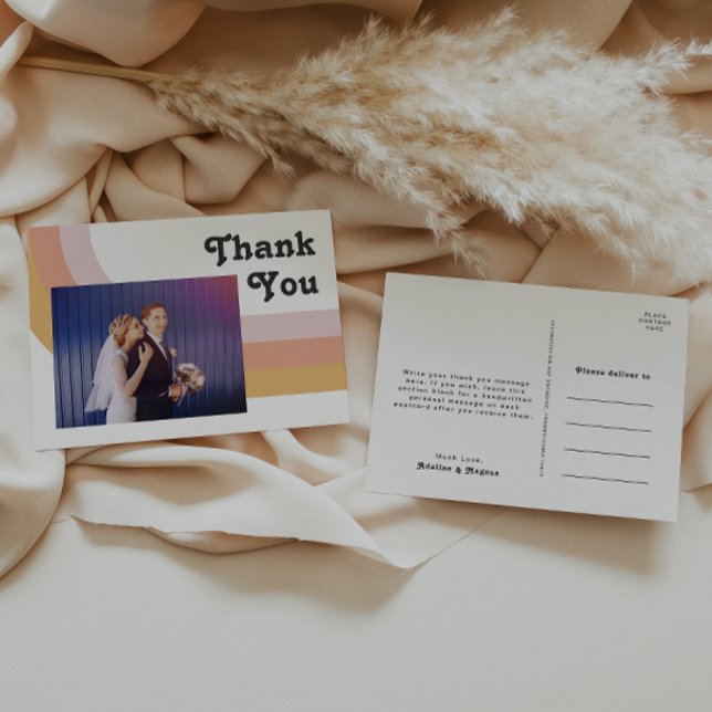 Modern Retro 70's Rainbow Photo Wedding Thank You Postcard (Creator Uploaded)