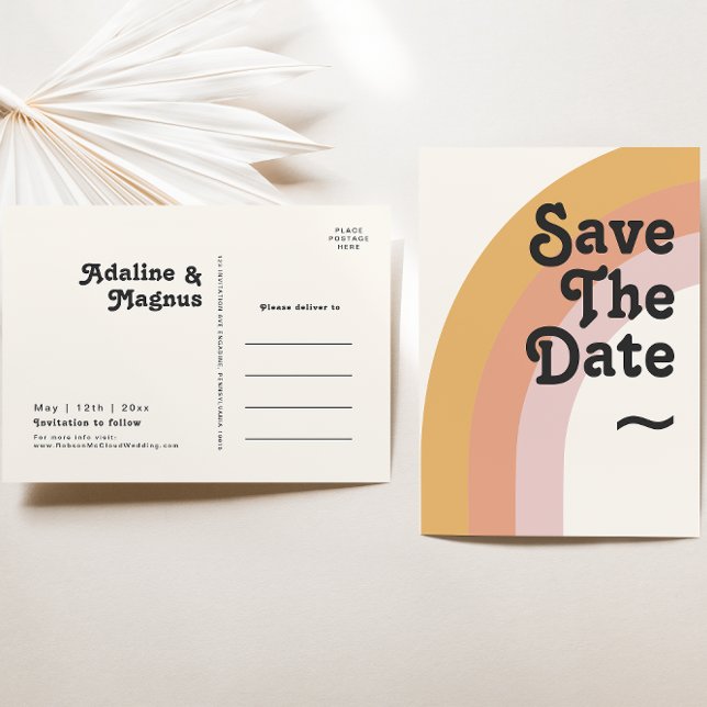 Modern Retro 70's Rainbow Save The Date Invitation Postcard (Creator Uploaded)