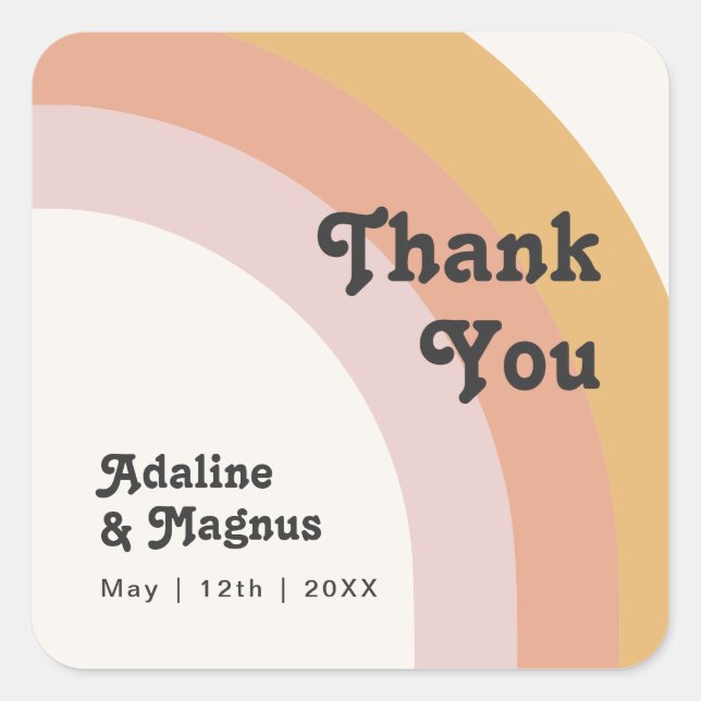 Modern Retro 70's Rainbow Thank You Wedding Favour Square Sticker (Front)