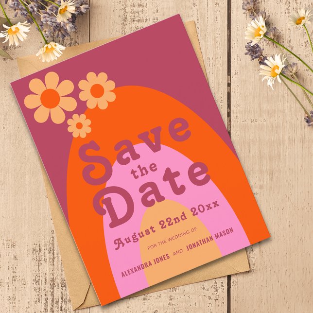 Modern Retro 70s Wedding Invitation Postcard (Retro daisy arch wedding save the date custom budget postcard )