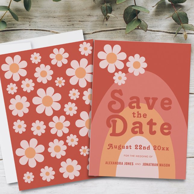 Modern Retro 70s Wedding Save The Date (Retro 70s vintage daisy arch orange wedding save the date invitation with groovy typography )