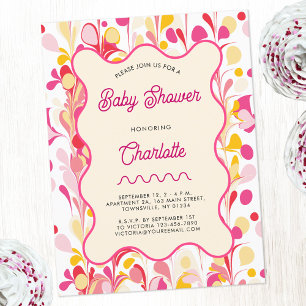 Modern Retro Abstract Pink Baby Shower Invitation Postcard