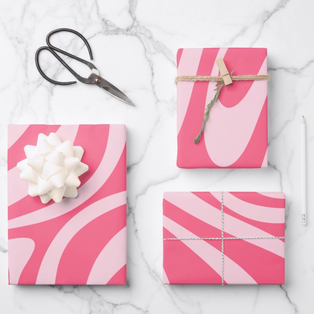 Modern Retro Abstract Swirl Patterns in Pink Wrapping Paper Sheet (Front)