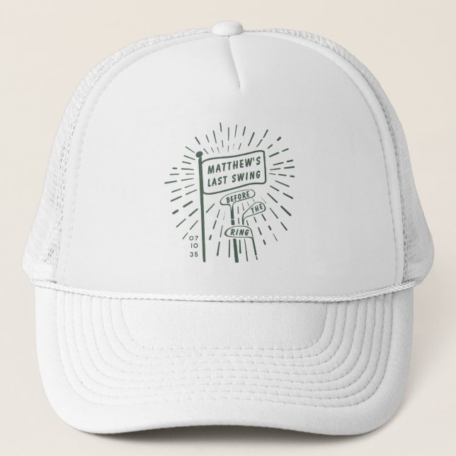 Modern Retro Bachelor Party Last Swing Golf Green Trucker Hat (Front)