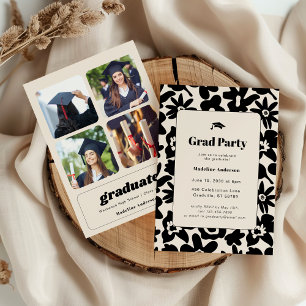 Modern Retro Black Floral Graduation Party Invitation