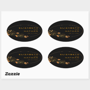 Modern Retro Black & Gold Floral Wedding Oval Sticker
