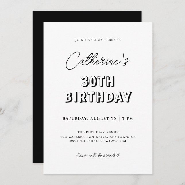 Modern Retro Black & White 30th Birthday Party Invitation (Front/Back)