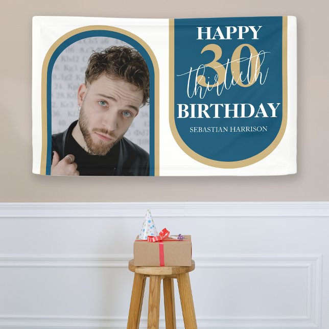 Modern Retro Blue And Gold Photo Birthday Banner (Creator Uploaded)