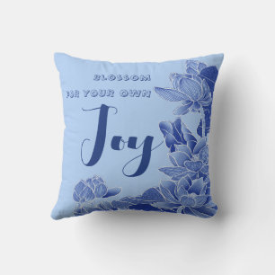 Modern Retro Blue Chinoiserie Lotus Zen Quote Cushion
