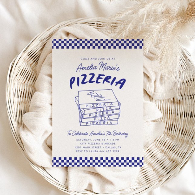 Modern Retro Blue Italian Pizzeria Pizza Party Invitation (Creator Uploaded)