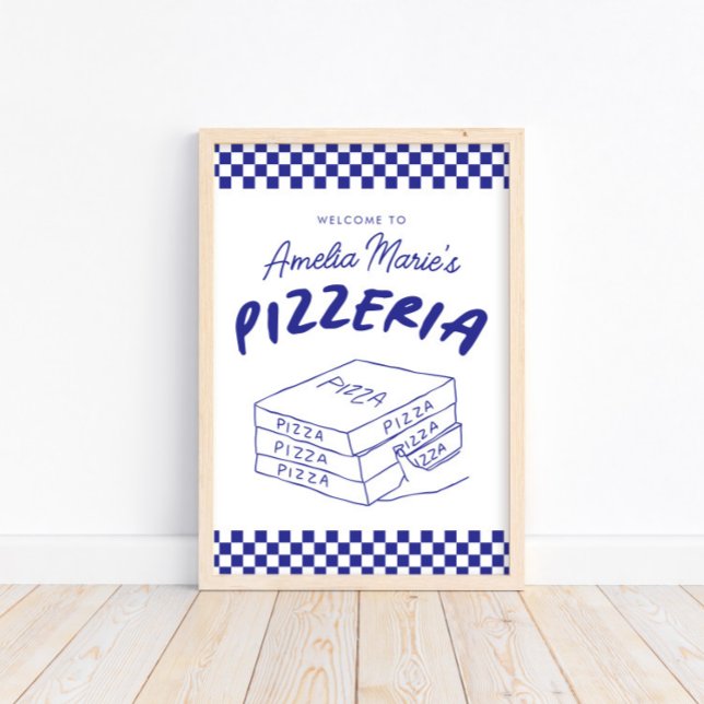 Modern Retro Blue Italian Pizzeria Pizza Party Poster (Creator Uploaded)