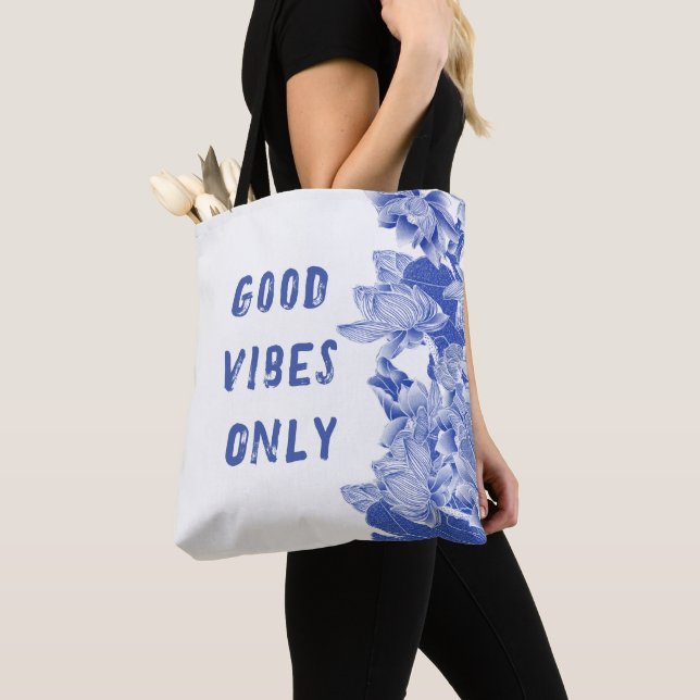 Modern Retro Blue Lotus Mandala Good Vibes Tote (Close Up)