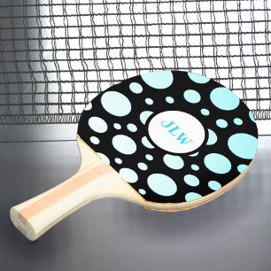 Modern Retro Blue Polka-dots on Black Ping Pong Paddle