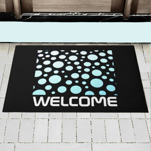 Modern Retro Blue & White Ombre Polka Dots Black Doormat