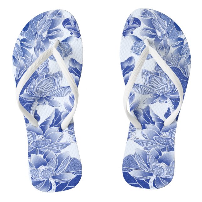 Modern Retro Blue Willow Chinoiserie Lotus Floral  Flip Flops (Footbed)