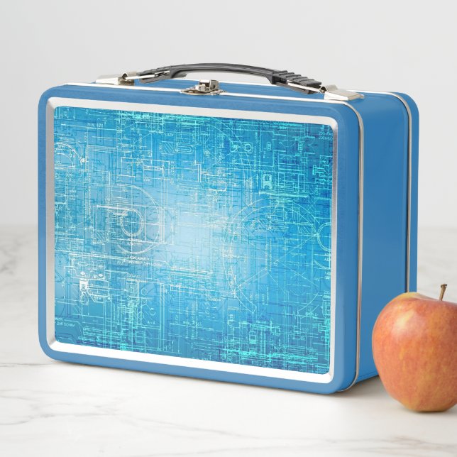 Modern Retro Blueprint Metal Lunch Box (In Situ)