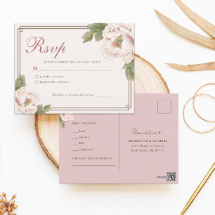 Modern Retro Blush Peony Floral Wedding RSVP Postcard