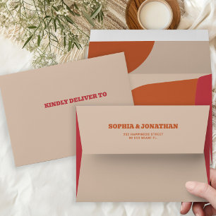 Modern retro bold groovy red orange beige wedding envelope