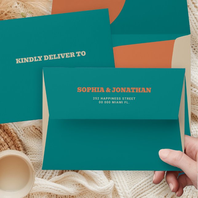 Modern retro bold groovy teal orange wedding envelope (Creator Uploaded)