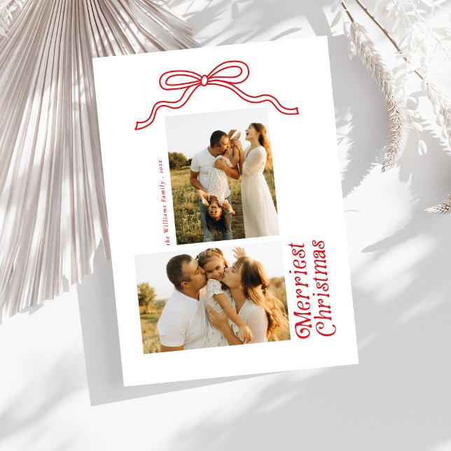Modern Retro Bow Merry Christmas Photo Holiday Card (Creator Uploaded)