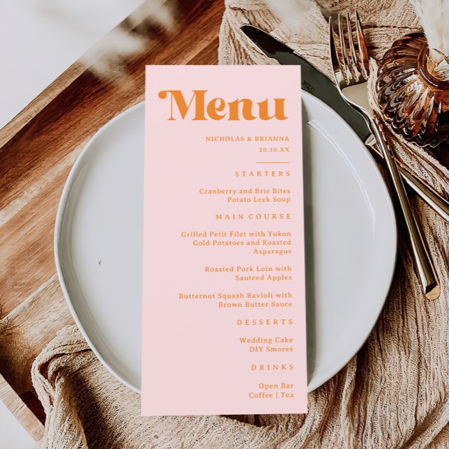 Modern Retro Bright Pink and Orange Wedding Menu (Creator Uploaded)