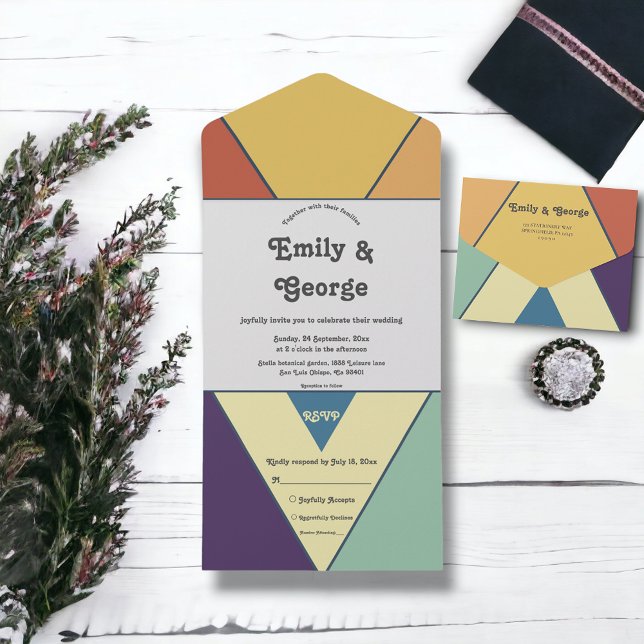 Modern Retro Colourful Groovy Abstract Art Wedding All In One Invitation (Creator Uploaded)