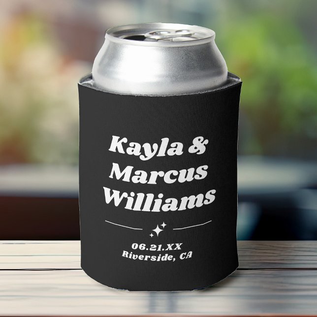 Modern Retro Cool Fun Wedding Names Party Favour Can Cooler (A black and white can cooler featuring custom names and date location in retro sparkly typography)