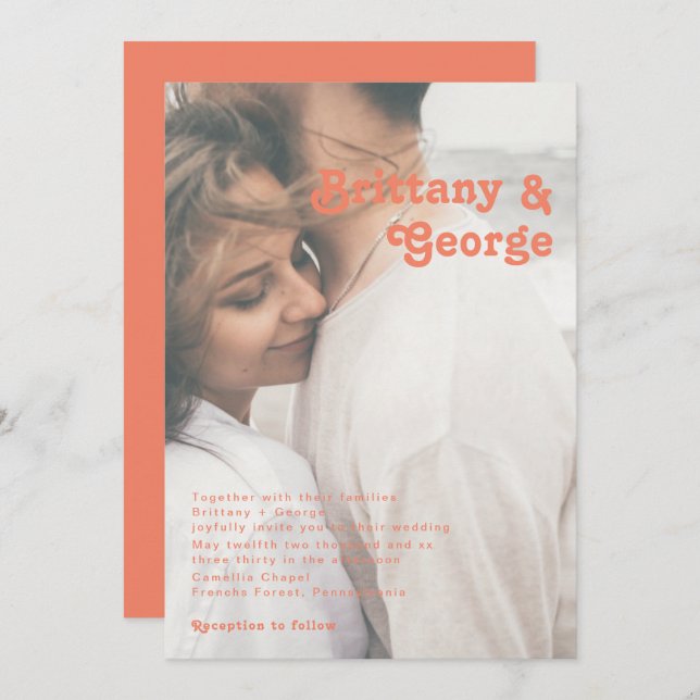Modern Retro | Coral Faded Photo Wedding Invitation (Front/Back)