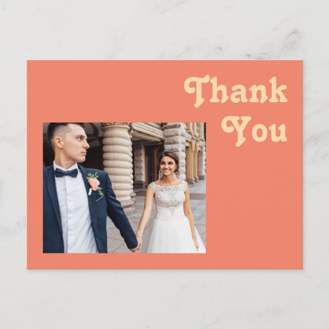 Modern Retro | Coral Photo Wedding Thank You Postcard (Front)