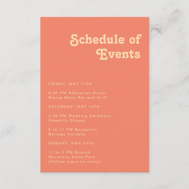 Modern Retro | Coral Schedule of Events Enclosure Card (Front)