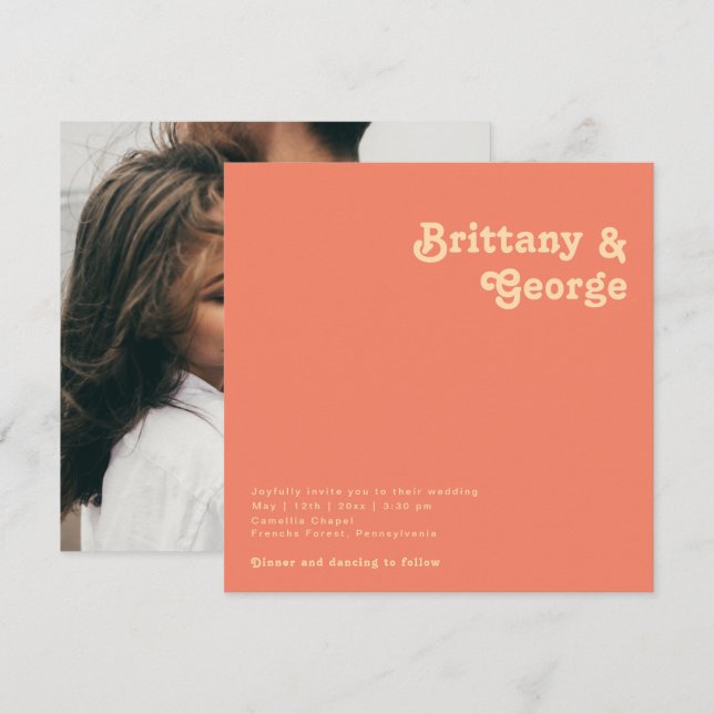 Modern Retro | Coral Square Photo Wedding Invitation (Front/Back)