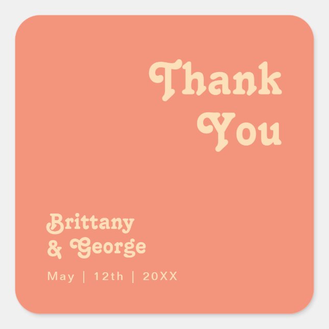 Modern Retro | Coral Thank You Wedding Favour Square Sticker (Front)